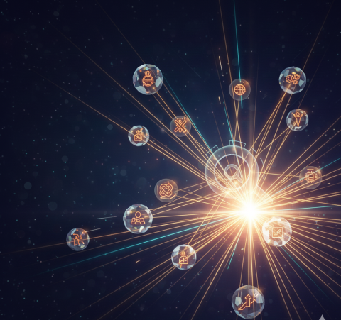 central orange light source, radiating lines, and translucent spheres containing orange icons on a dark background